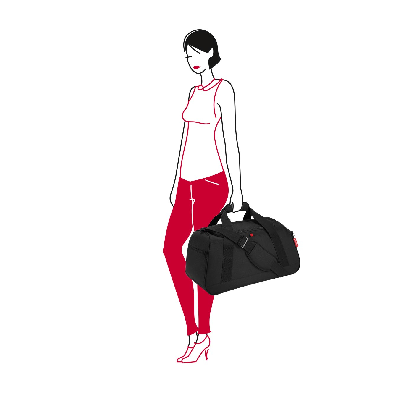 Eine Frau in roter Hose steht und hält eine schwarze Sporttasche.