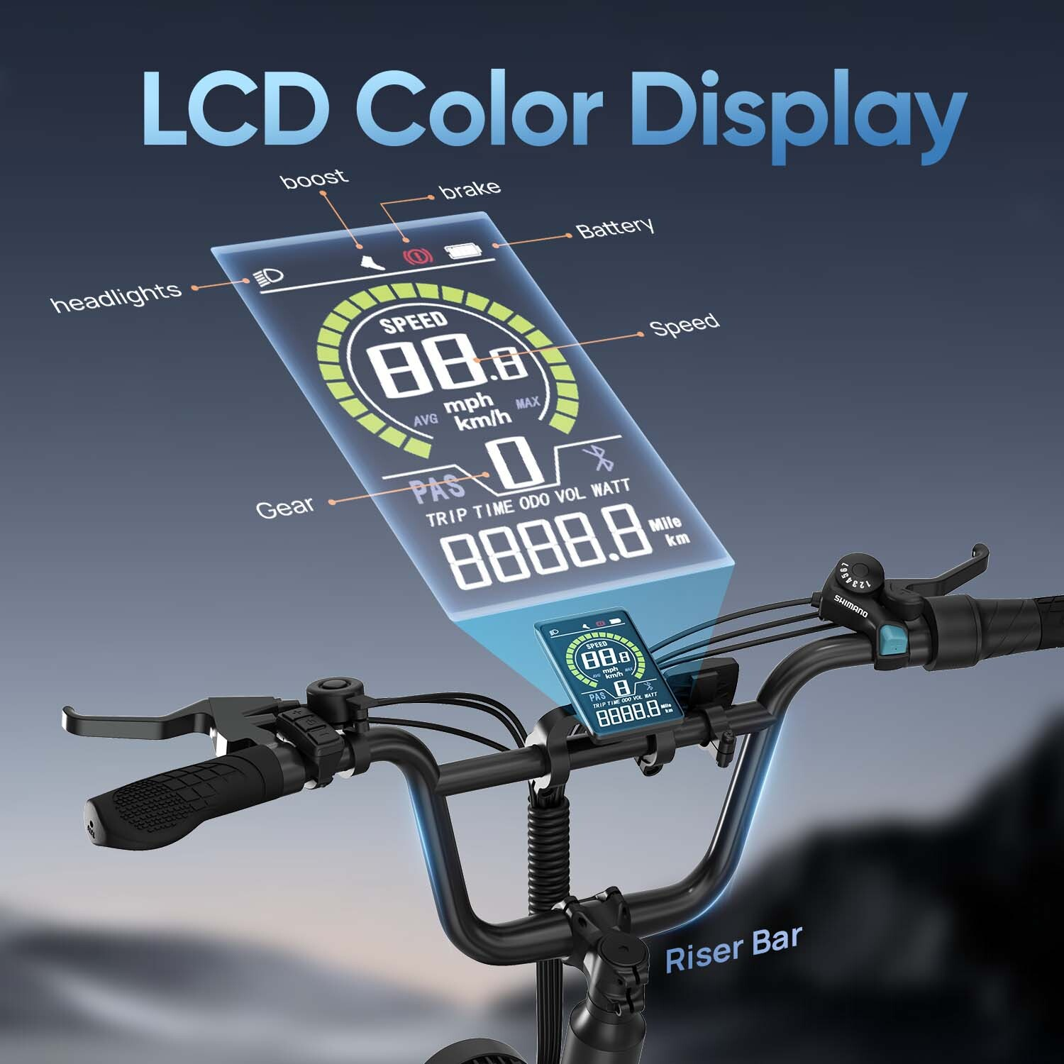 Manubrio di e-bike con display LCD a colori illuminato che evidenzia velocità, marcia e batteria.