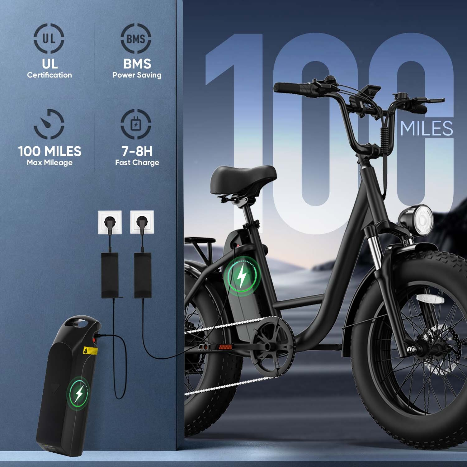 Una e-bike nera davanti a un muro blu, con infografiche su UL, risparmio batteria, 100 miglia di autonomia e ricarica.