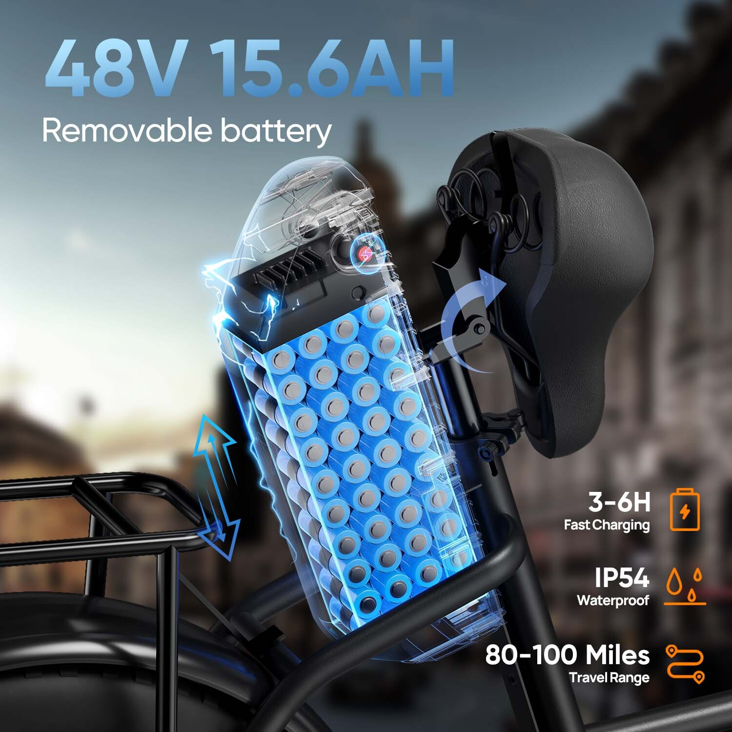 Vista a raggi X di una batteria per e-bike 48V 15.6Ah, ricarica 3-6h, impermeabile IP54 e autonomia di 80-100 miglia.