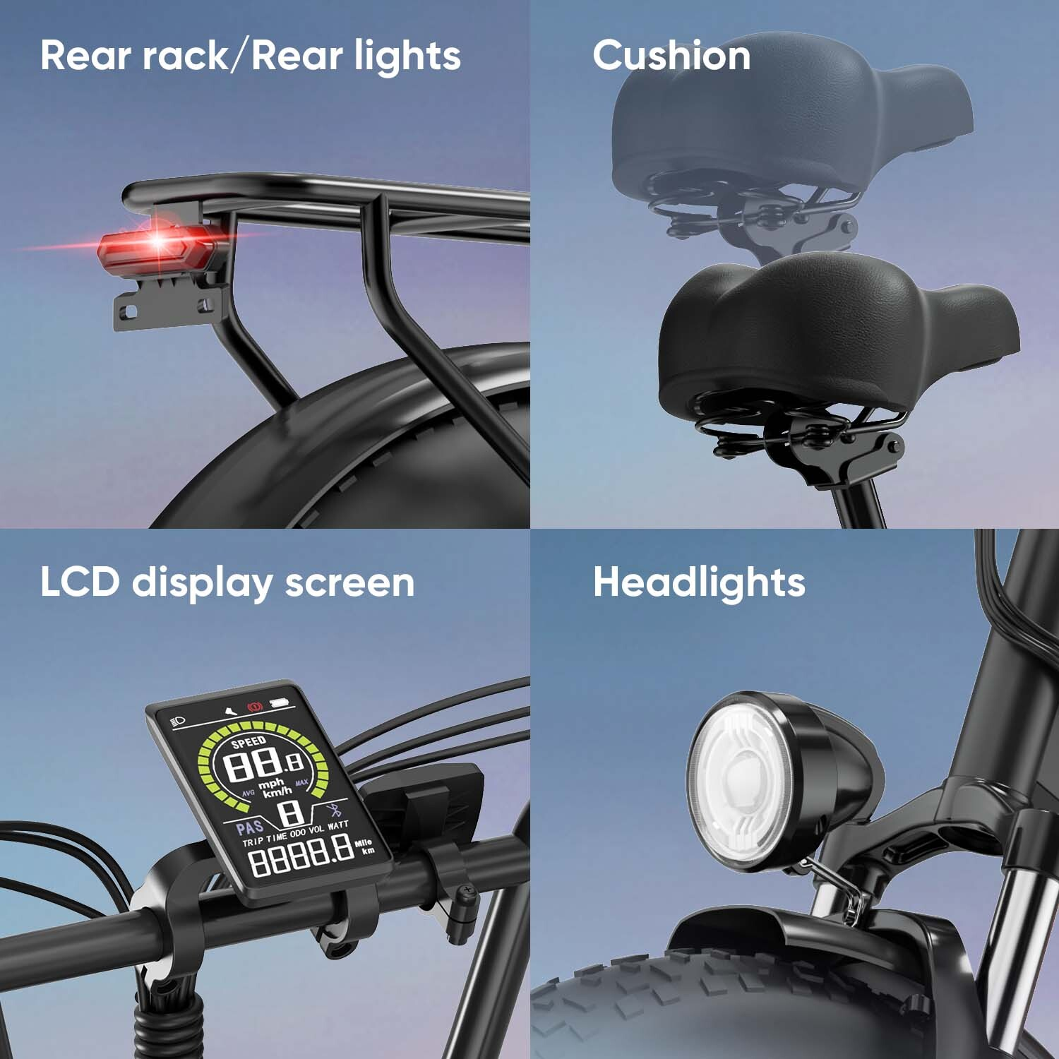 Immagine in quattro parti mostra parti di bici: portapacchi con luce, sella, display LCD e faro.