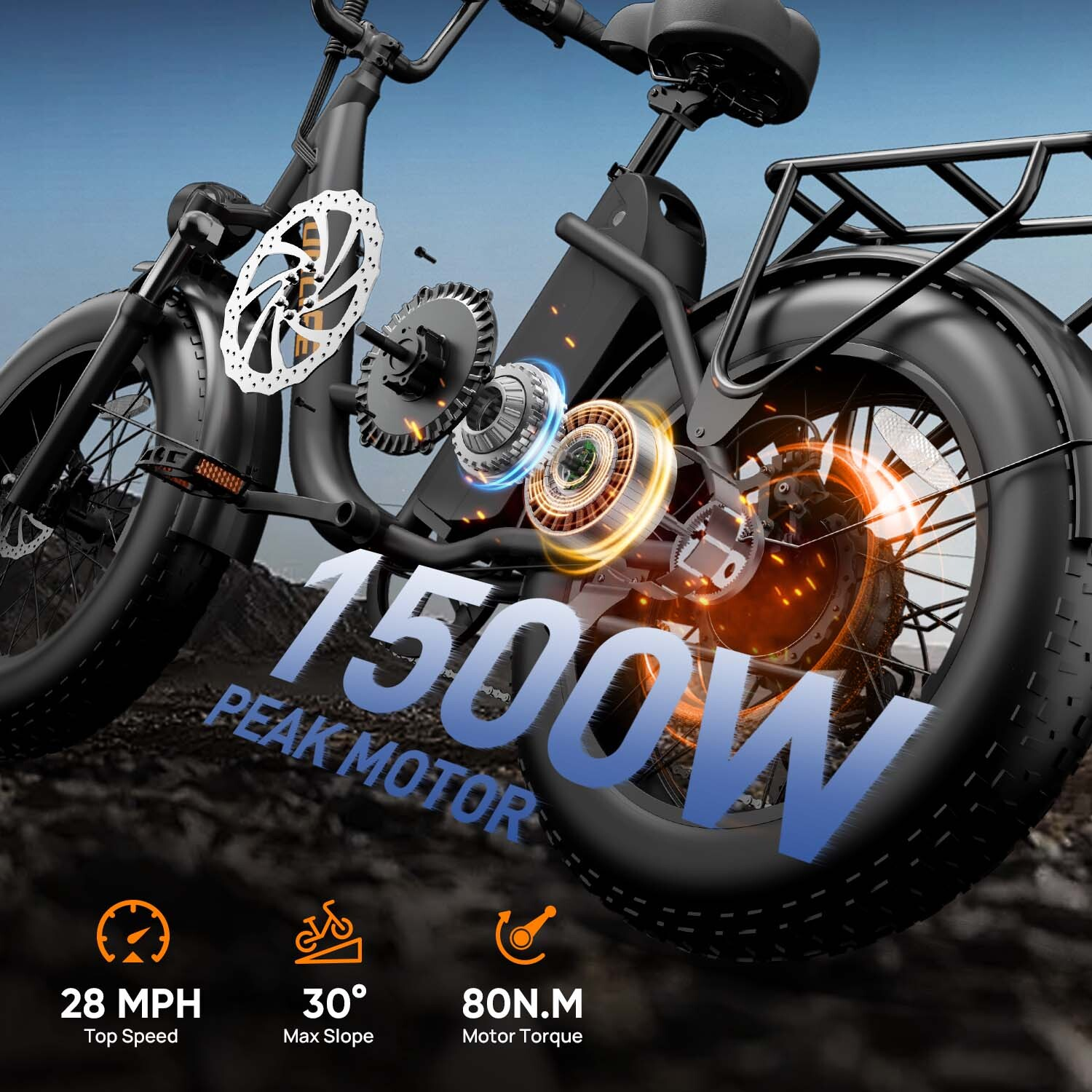 Una bici elettrica nera con componenti del motore da 1500W in evidenza, gomme larghe e specifiche in basso.