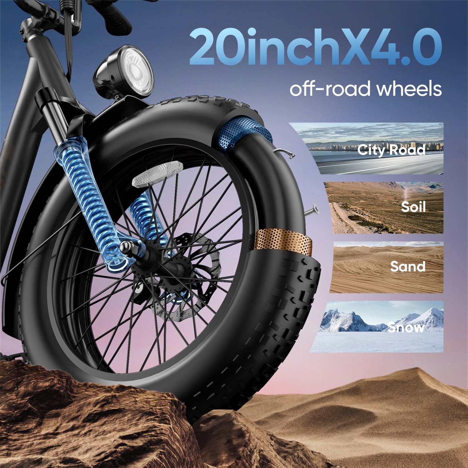 Una e-bike nera con pneumatici fuoristrada mostra sospensioni anteriori e terreni come sabbia, terra e neve.