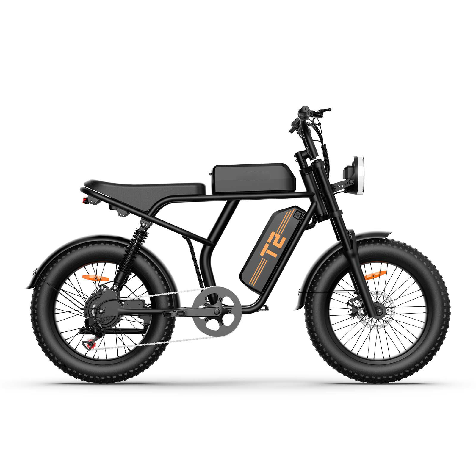 Bici elettrica nera con pneumatici larghi, sella lunga e marchio T2 arancione su sfondo bianco.