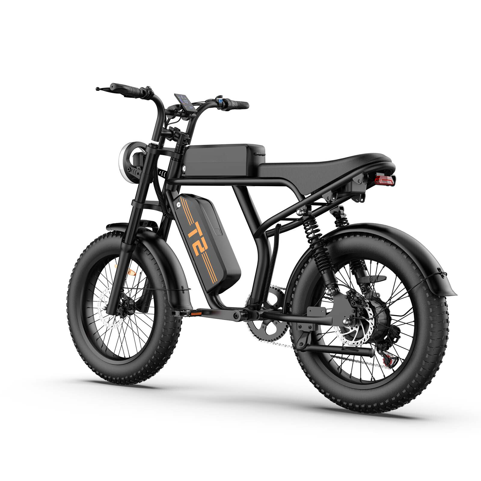Una bici elettrica T2 nera con pneumatici larghi, fari tondi e batteria montata sul telaio su sfondo bianco.
