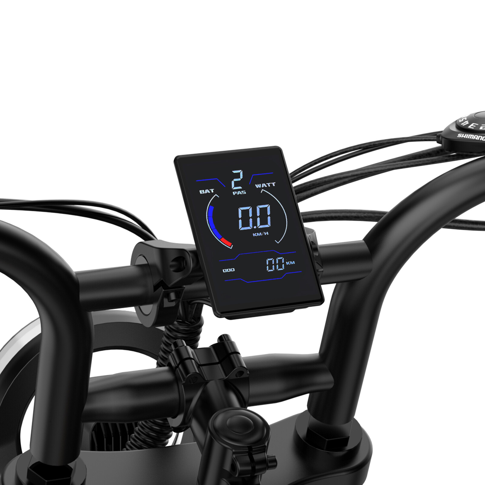 Manubrio per bicicletta elettrica con telaio nero e display digitale blu centrale.
