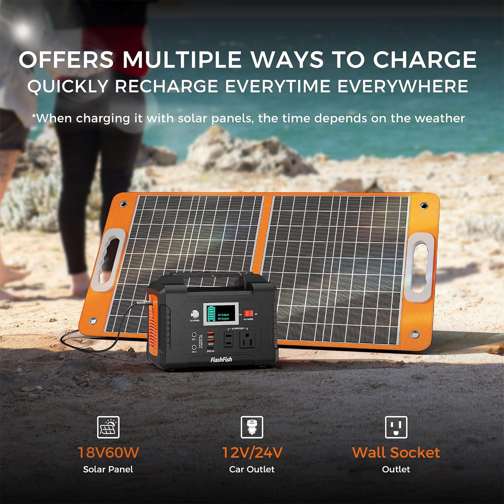 Un panel solar naranja portátil y una estación de energía en una playa de arena con el océano.