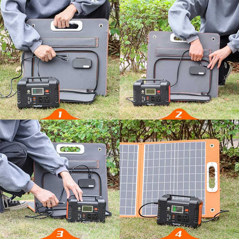 Guía de cuatro pasos que muestra a una persona conectando un panel solar portátil a una estación de energía.
