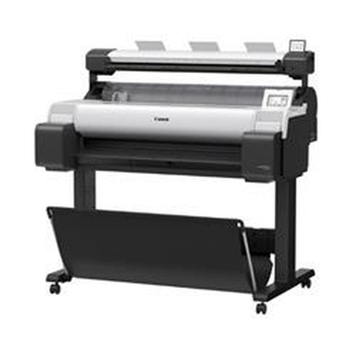 Una grande stampante di grandi dimensioni bianco e nera con scanner integrato su supporto con ruote.