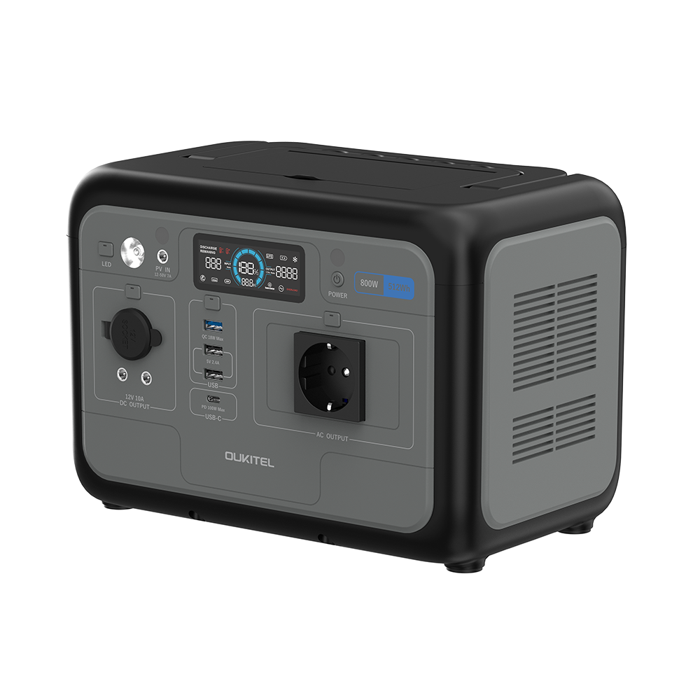 Una estación de energía portátil Oukitel negra y gris con múltiples salidas CA, CC, USB y una pantalla digital.