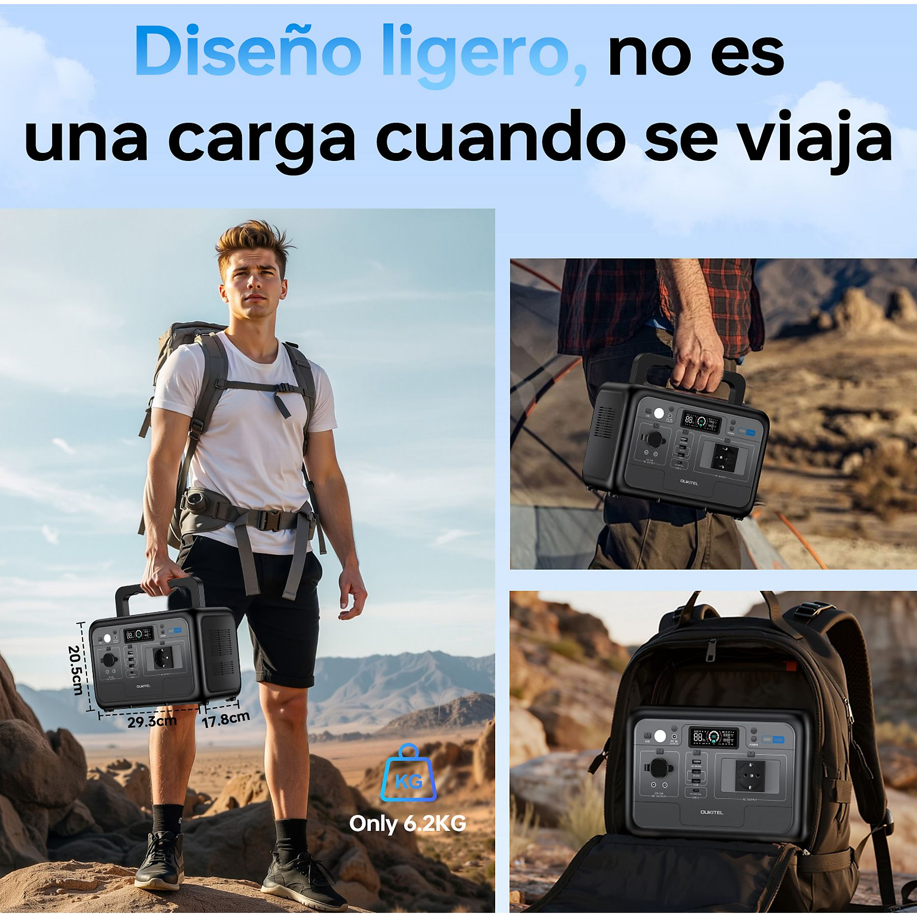 Un excursionista sostiene una estación de energía portátil, mostrada con medidas, junto a una carpa y en una mochila.