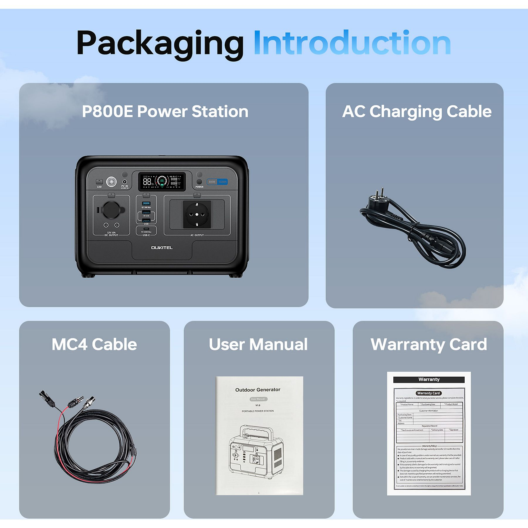Contenido del paquete: estación de energía P800E, cable de CA, cable MC4, manual de usuario y tarjeta de garantía.