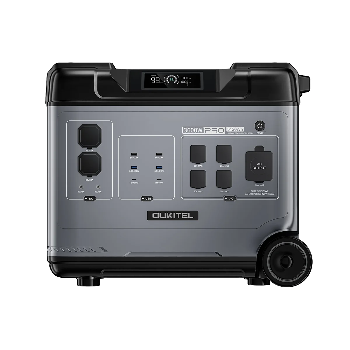 Estación de energía portátil Oukitel negra y gris con múltiples salidas de CA, CC y USB y pantalla digital.
