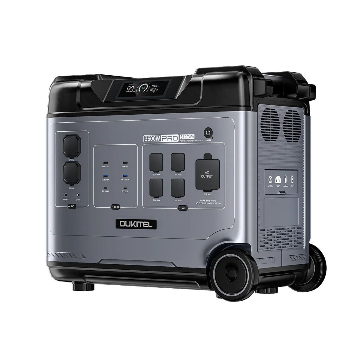 Estación de energía portátil Oukitel 3600W Pro gris y negra con varias salidas, pantalla digital y ruedas.