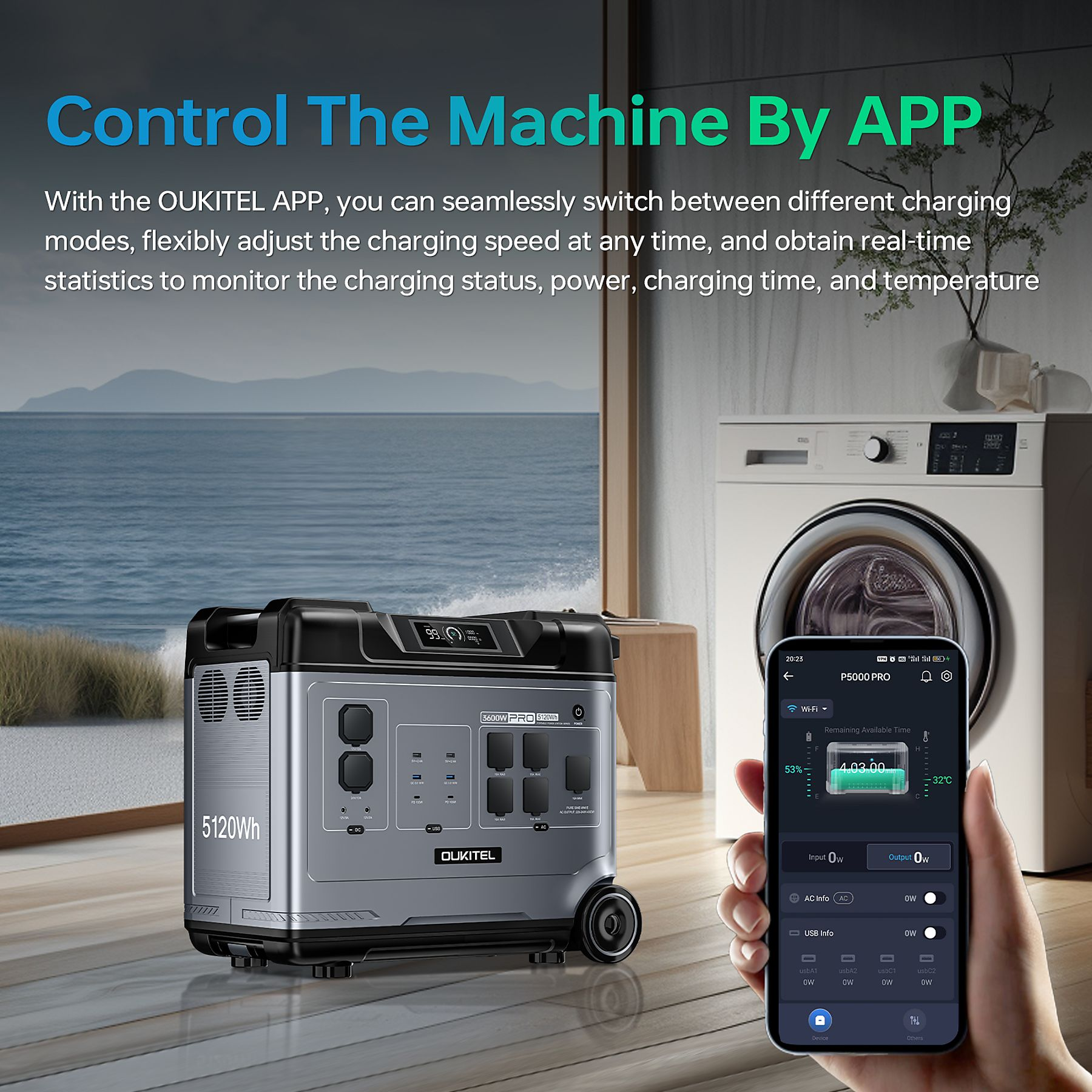 Una estación de energía portátil OUKITEL en interior con una mano sosteniendo un smartphone con la app.