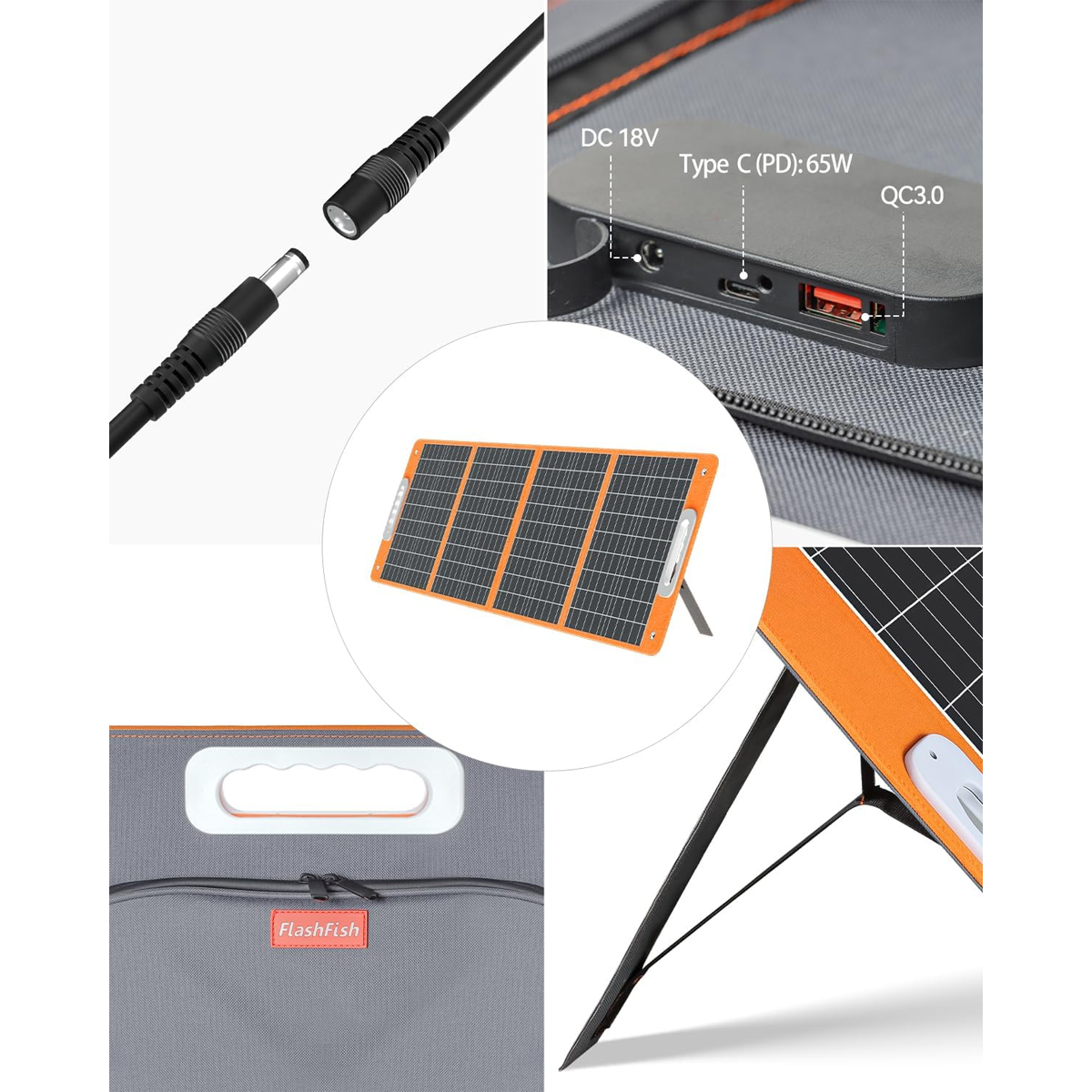 Un panel solar portátil de cuatro pliegues con cables de conexión, múltiples puertos de carga y una bolsa gris.