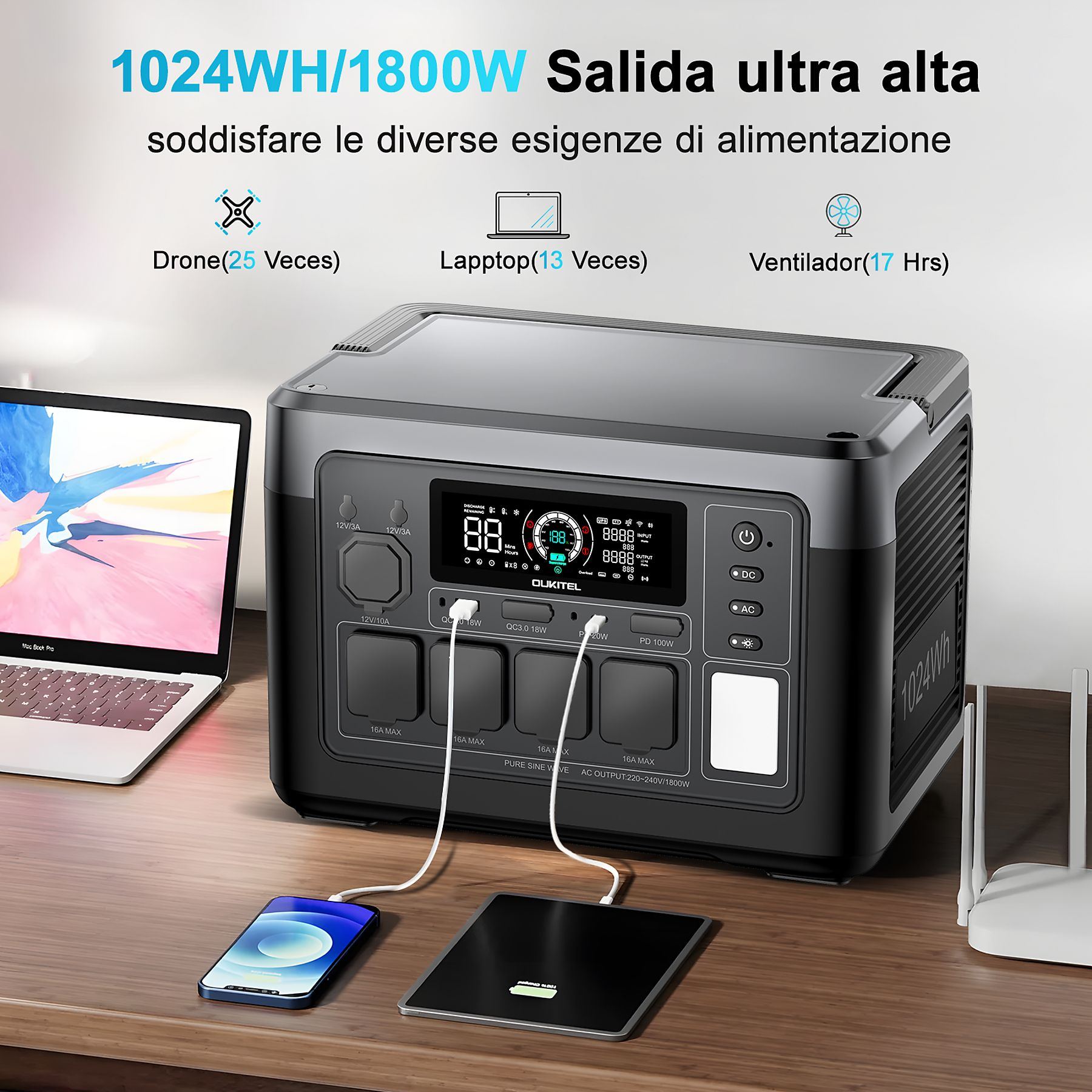 Una estación de energía Oukitel gris en una mesa de madera, cargando un teléfono y una tablet.