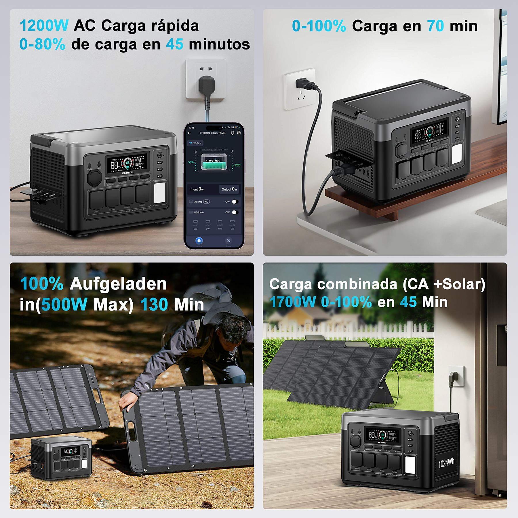 Cuatro paneles muestran una estación de energía cargándose por CA, solar y app, destacando tiempos rápidos.