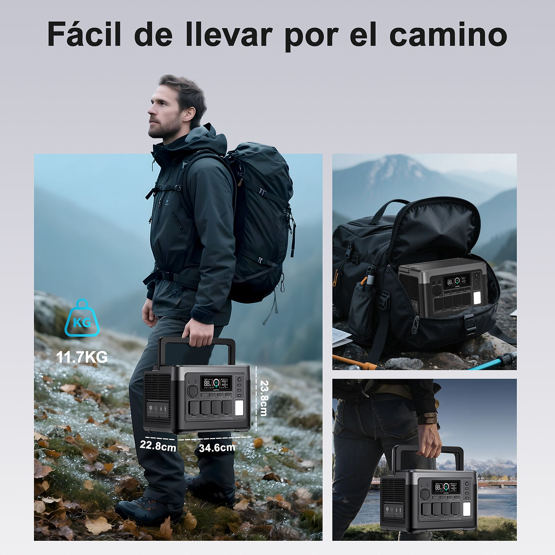 Excursionista lleva una estación de energía portátil. Otras imágenes muestran en una bolsa y un río.