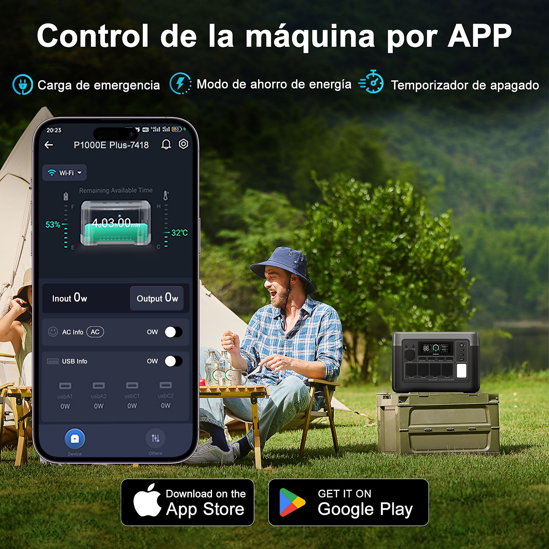 Smartphone con app de control, junto a una central eléctrica portátil y un hombre acampando.