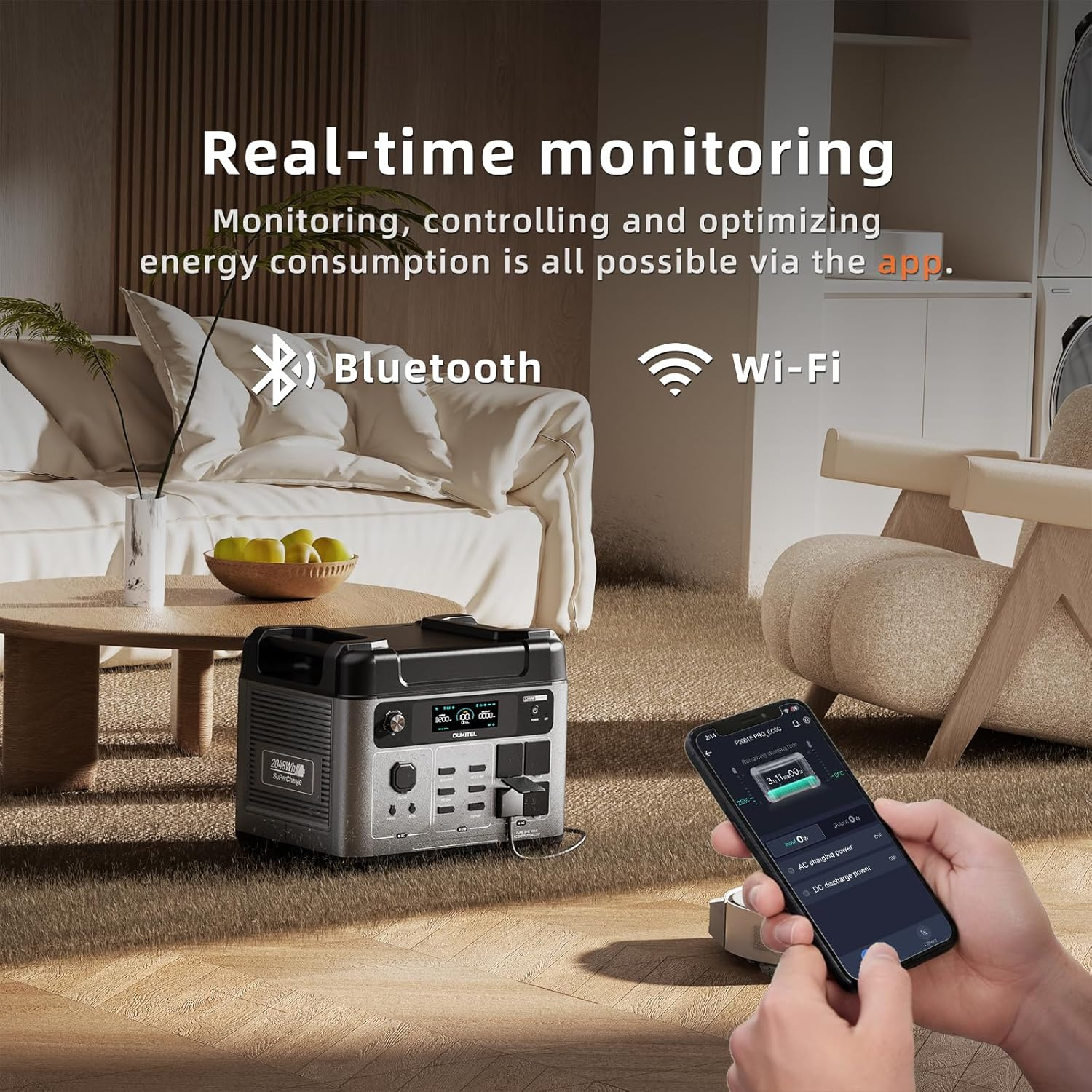 Una estación de energía portátil en una sala, conectada por aplicación vía Bluetooth y Wi-Fi para monitoreo de energía.