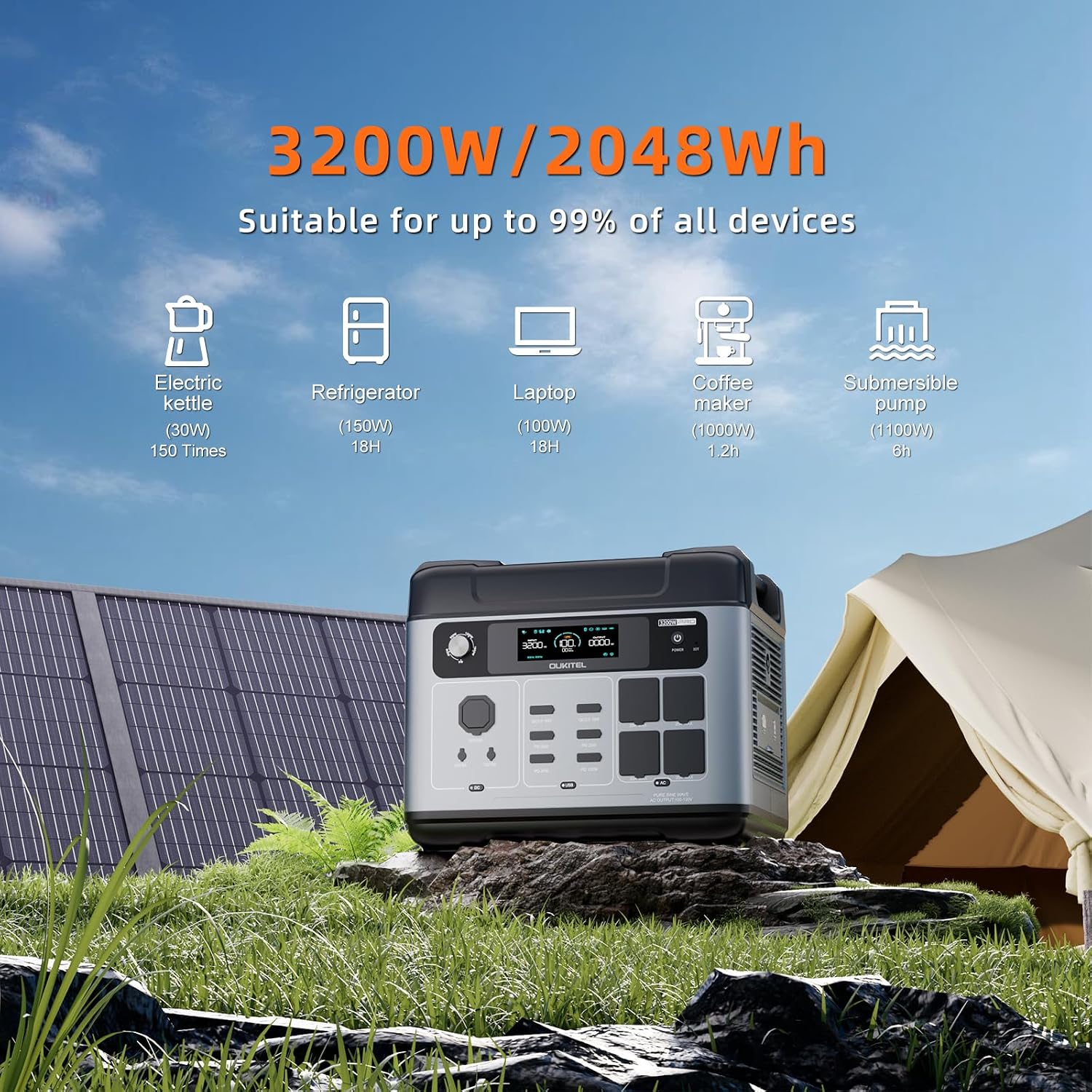 Una estación de energía portátil al aire libre sobre una roca, con paneles solares y una tienda al fondo.