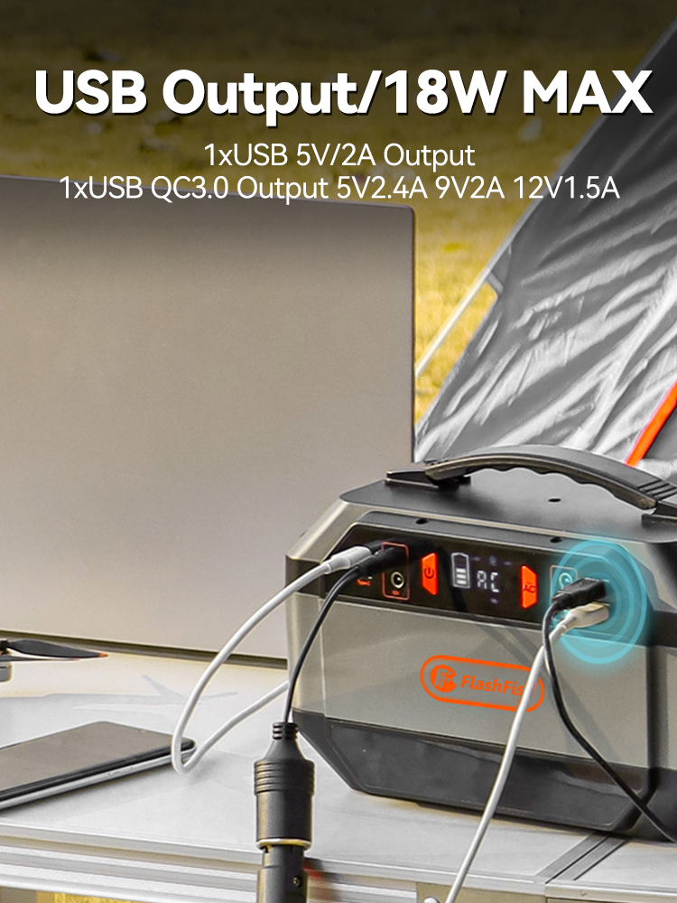 Estación de energía portátil con salidas USB y cables de carga, instalada en un camping.