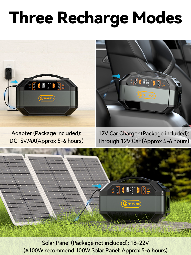 Estación de energía portátil con tres opciones de carga: adaptador, cargador de coche y panel solar.