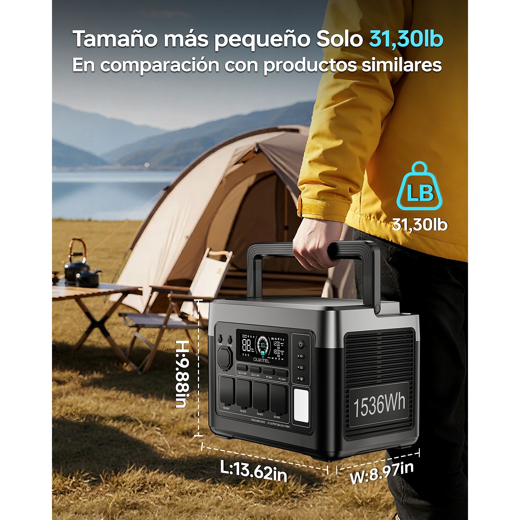 Una persona lleva una estación de energía portátil al aire libre frente a una tienda con dimensiones y peso.