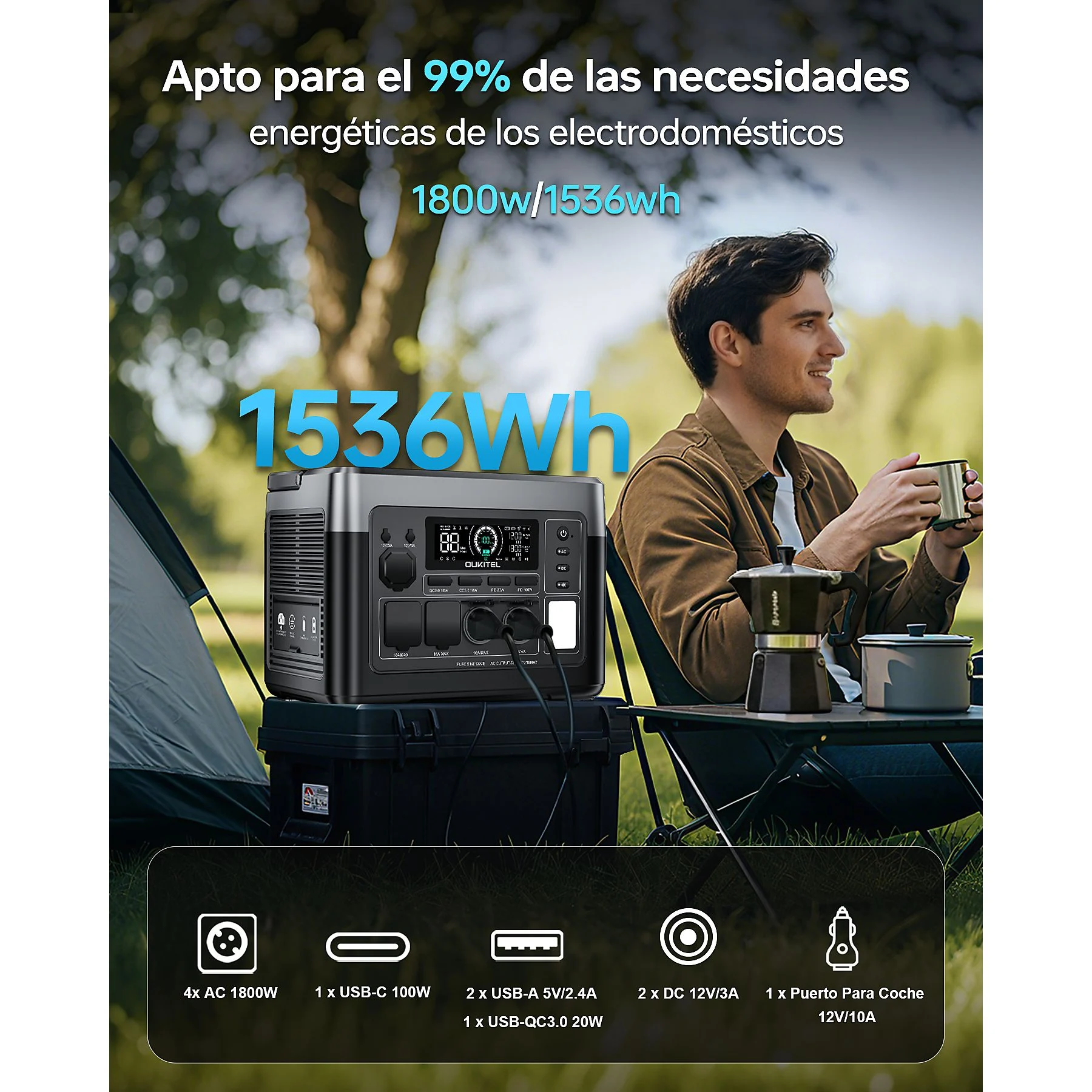 Estación de energía portátil al aire libre junto a una tienda de campaña.