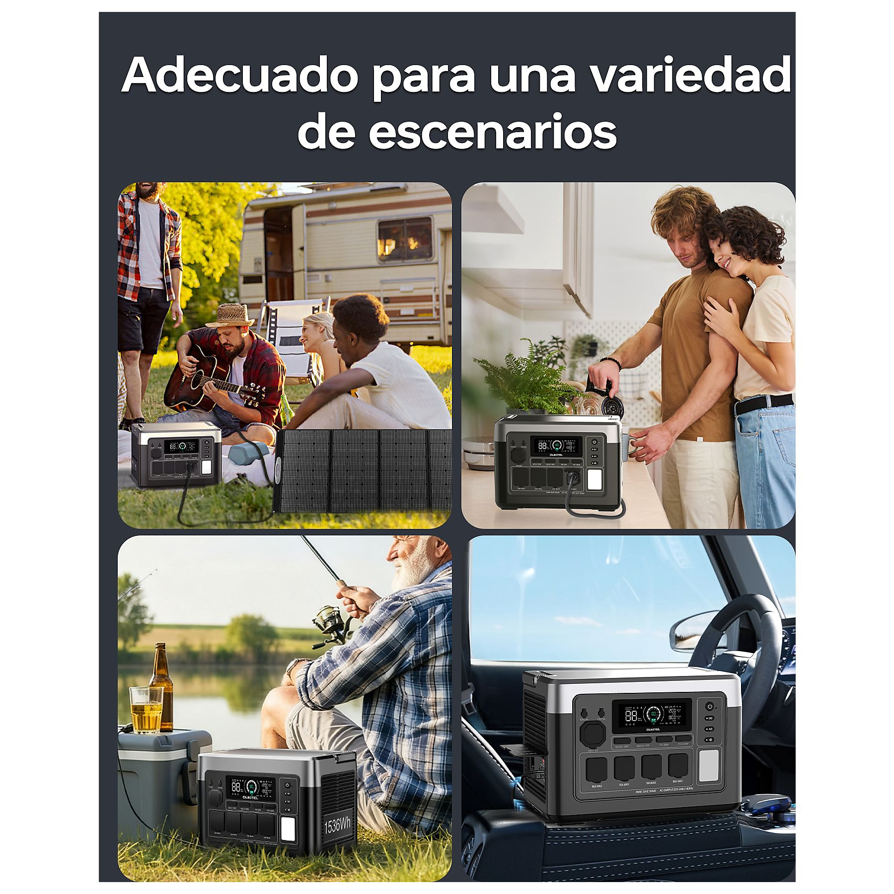 Estación de energía portátil mostrada en cuatro escenarios diferentes: camping, cocina, pesca y coche.