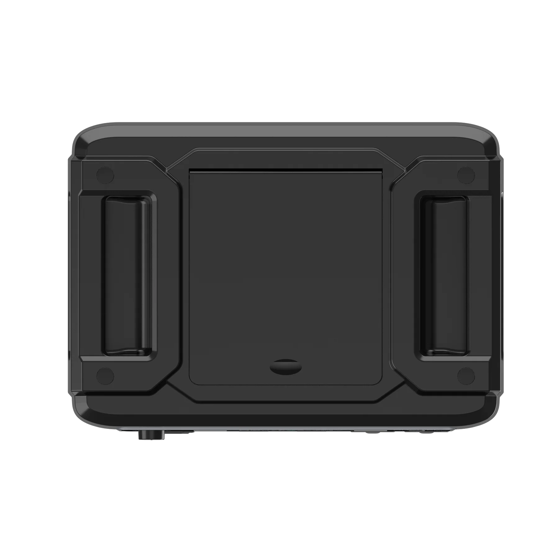 Una funda protectora rectangular negra con asas resistentes a ambos lados, vista de frente sobre un fondo blanco.
