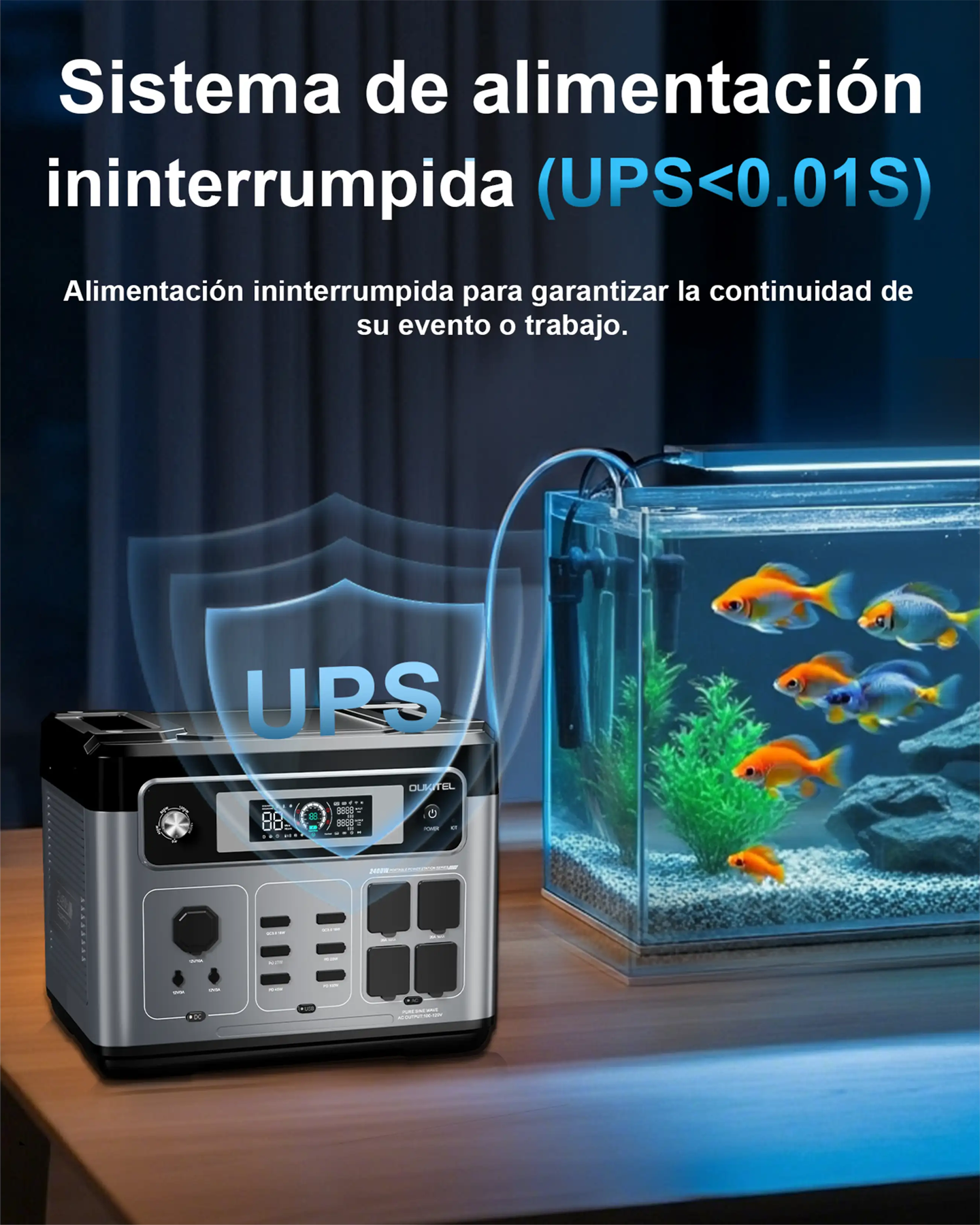 Una estación de energía portátil alimenta una pecera iluminada con varios peces coloridos.