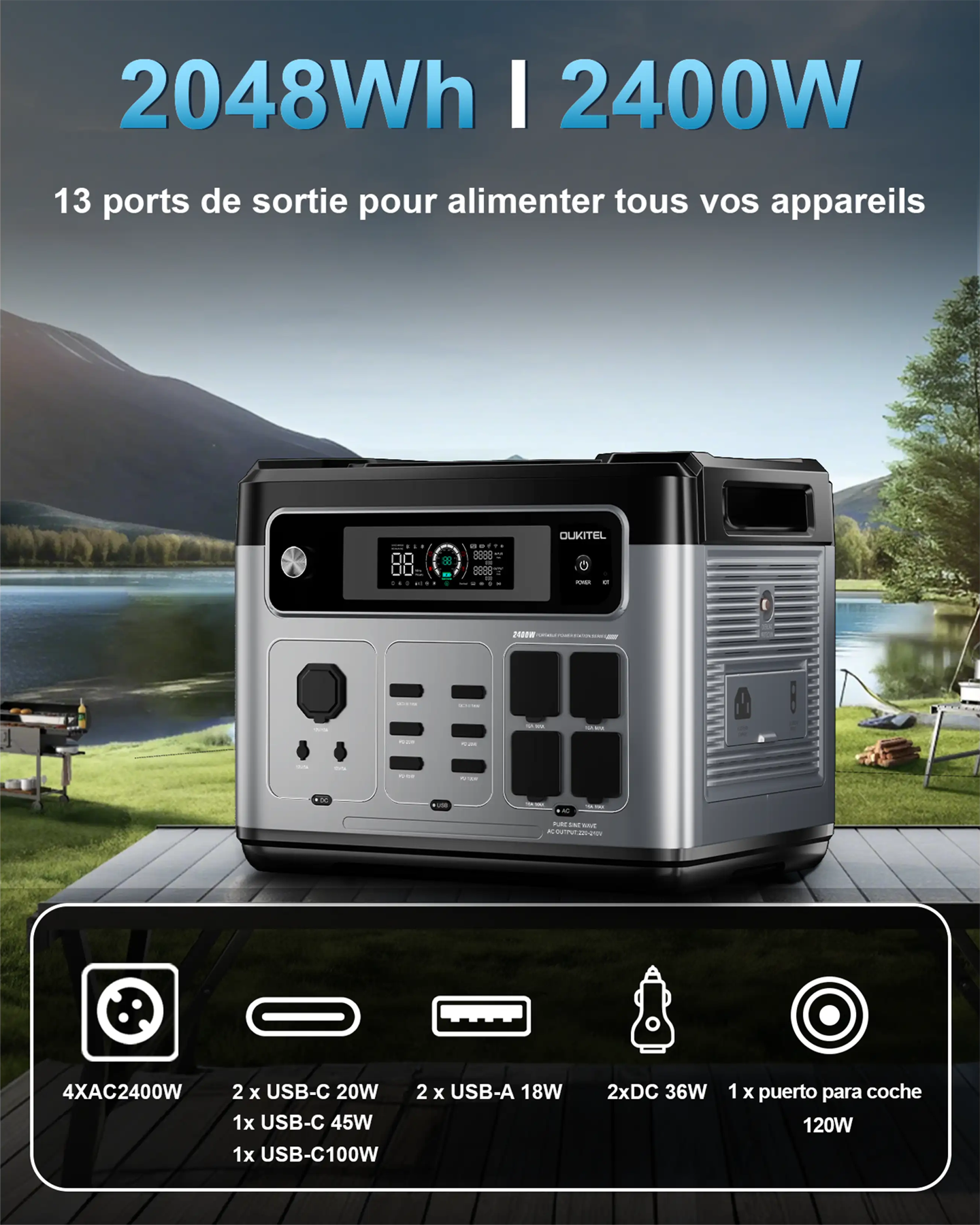 Estación de energía portátil con 2048Wh, 2400W y 13 puertos ante un paisaje de montaña.