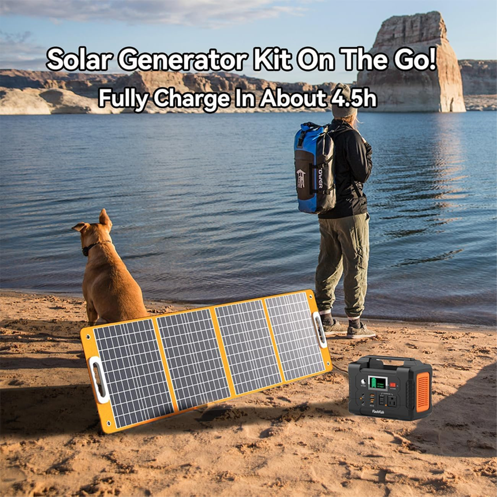 Un panel solar plegable y una estación de energía junto a un lago con una persona y un perro.