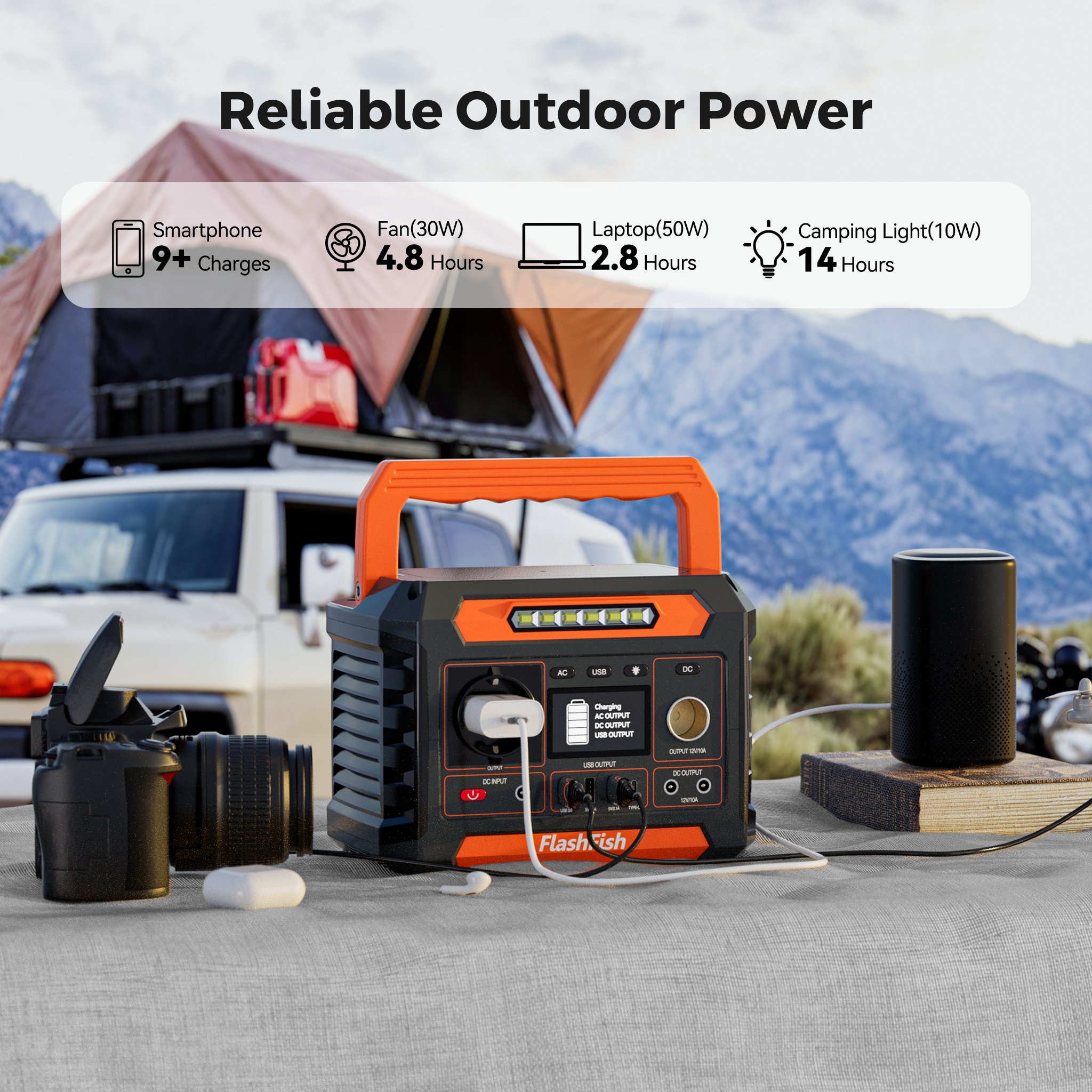 Una estación de energía portátil en una mesa al aire libre, con una cámara y un altavoz, frente a una furgoneta camper.