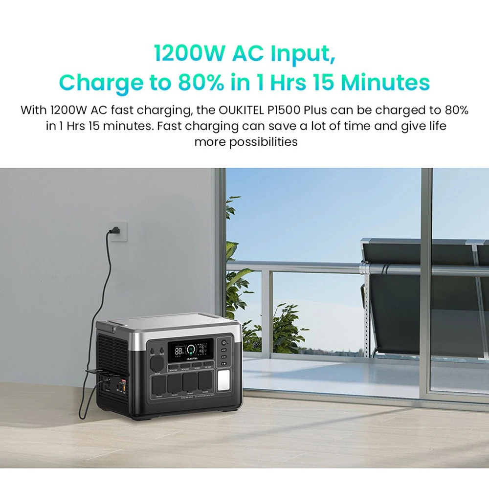 Una central eléctrica portátil se carga en el interior junto a un balcón, con texto sobre carga rápida de 1200W.