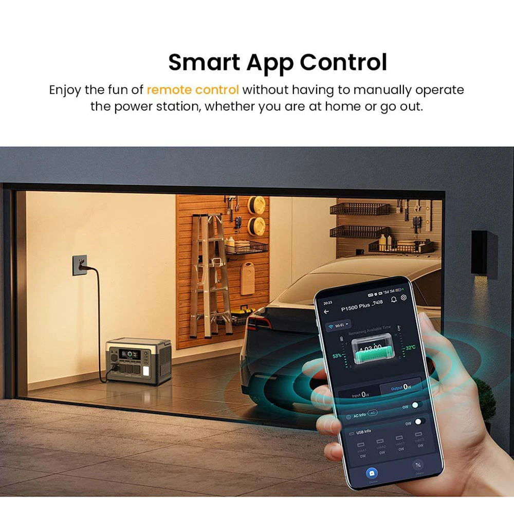 Smartphone controla una central eléctrica negra en un garaje con coche y herramientas.