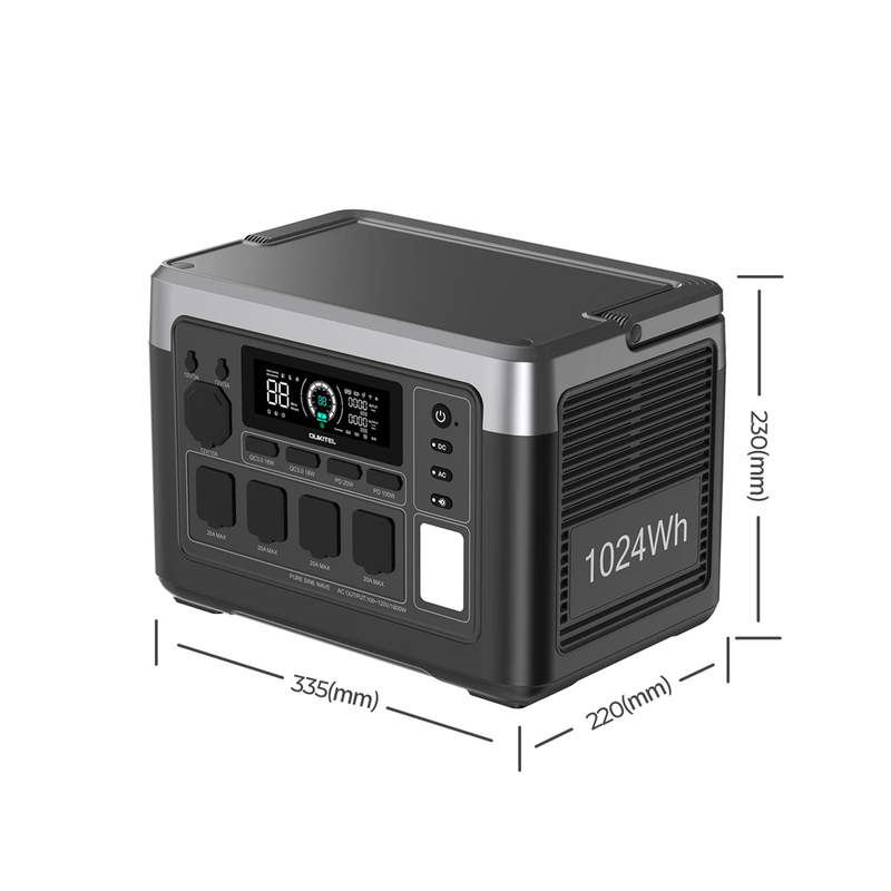 Estación de energía portátil con dimensiones 335x220x230 mm, pantalla digital, puertos y capacidad de 1024Wh.