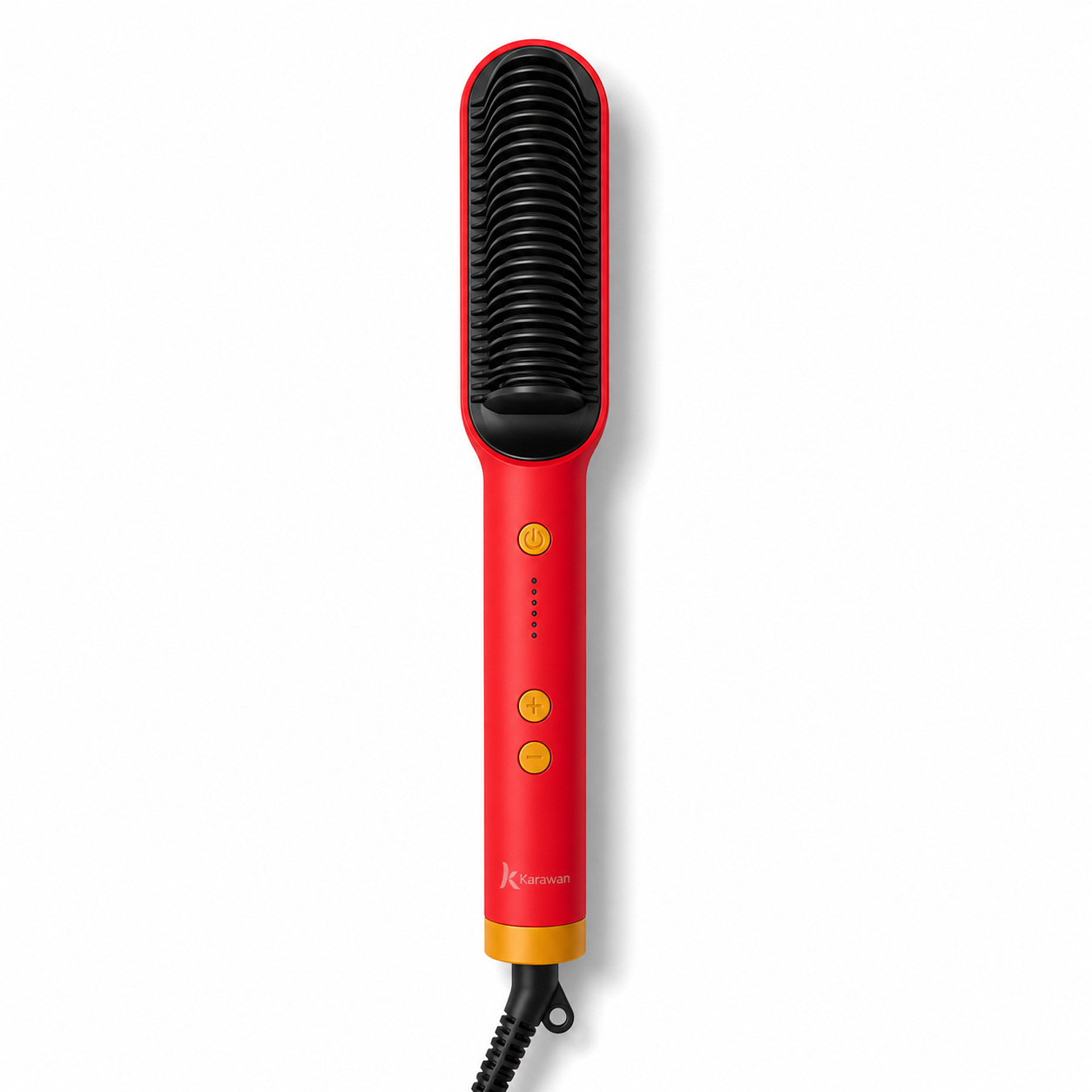 Un cepillo alisador rojo con cerdas negras, botones amarillos y un cable sobre un fondo blanco.