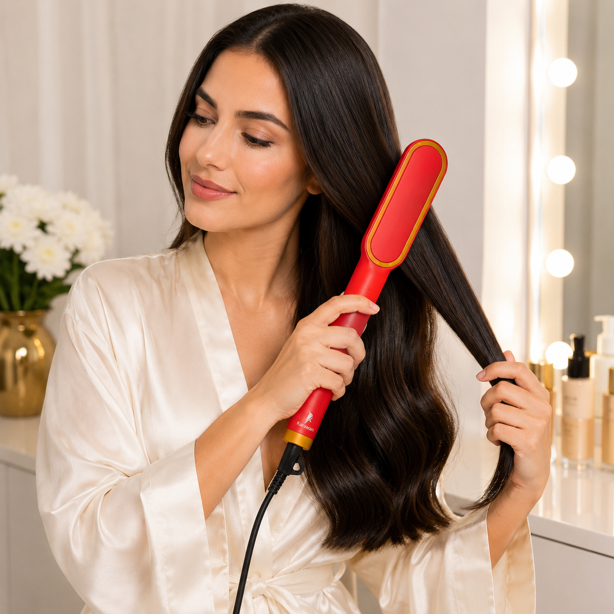 Una mujer en bata de seda alisa su cabello oscuro con una plancha roja y dorada frente a un espejo iluminado.