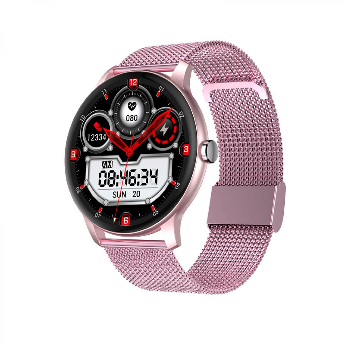 Eine roségoldene Smartwatch mit Metallarmband und digitalem Zifferblatt auf weißem Hintergrund.