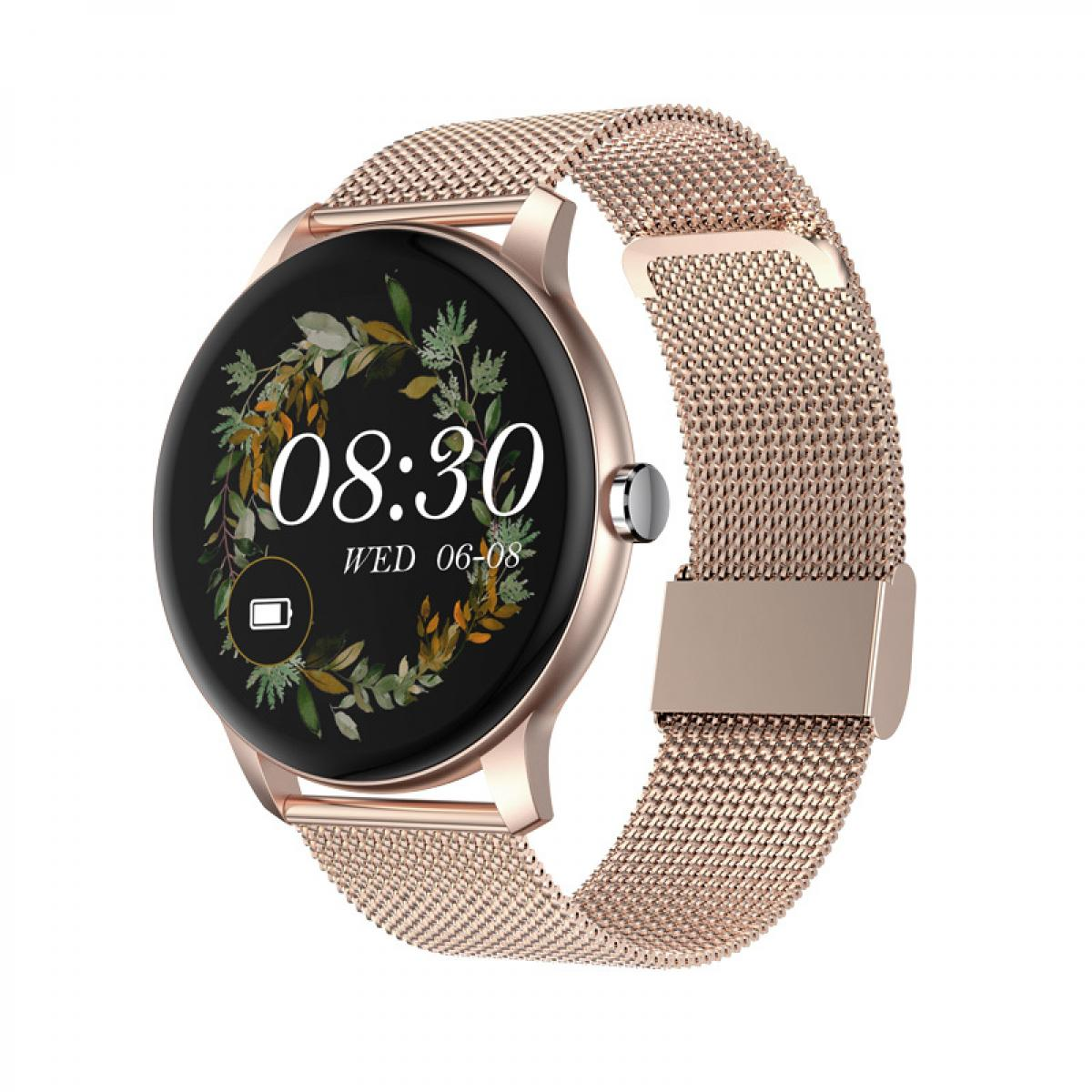 Eine roségoldene Smartwatch mit rundem Display zeigt die Uhrzeit 08:30 und ein Blattmuster.