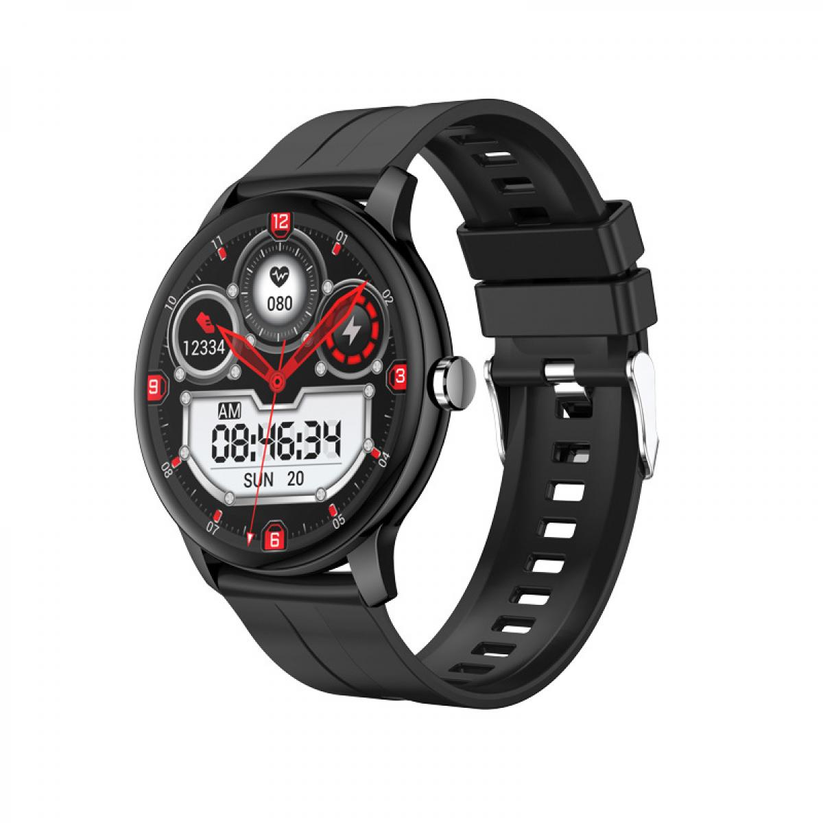 Eine schwarze Smartwatch mit rundem Display, roten Akzenten und schwarzem Silikonarmband vor weißem Hintergrund.