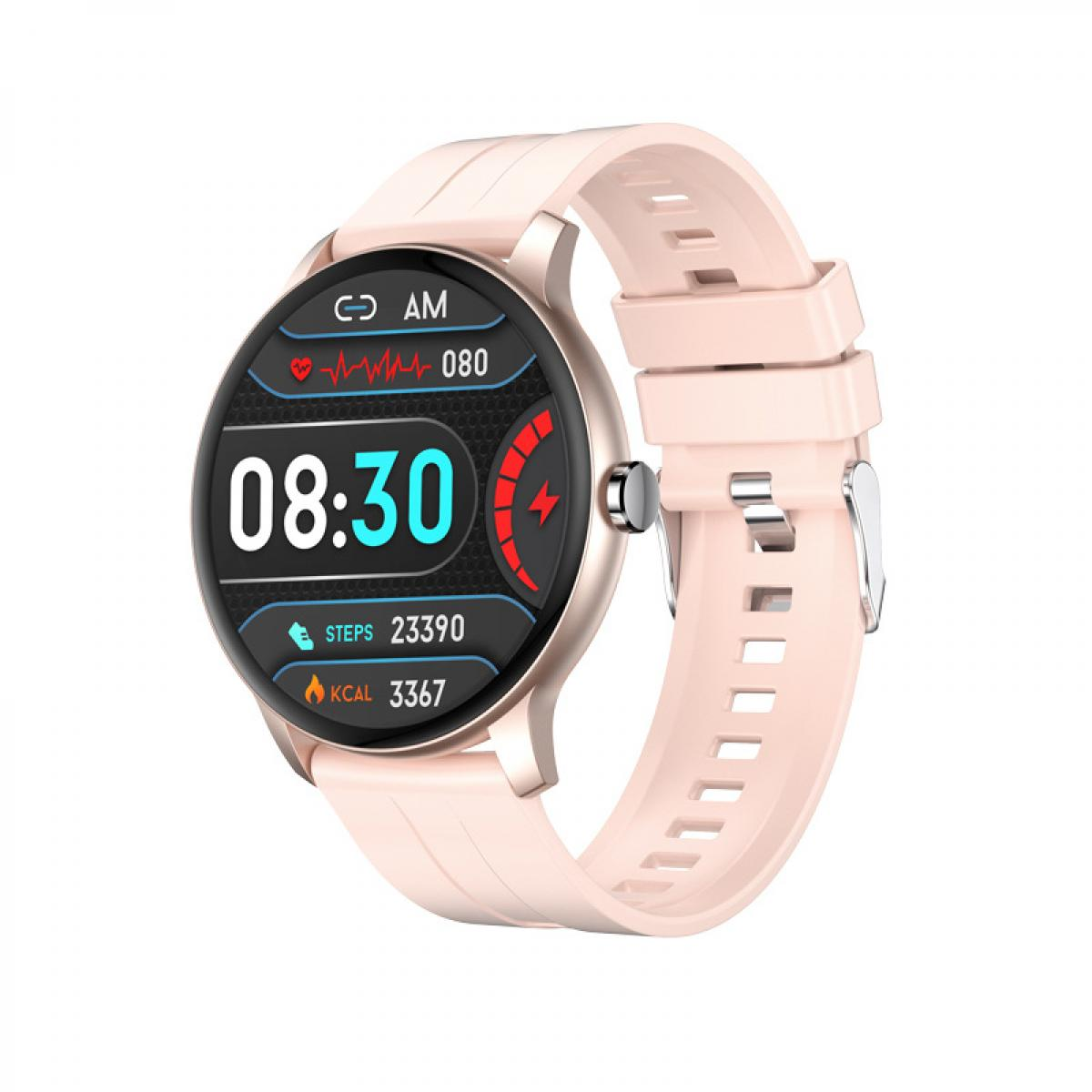 Eine rosa Smartwatch mit rundem Display zeigt die Uhrzeit 08:30, Herzfrequenz, Schritte und verbrannte Kalorien.