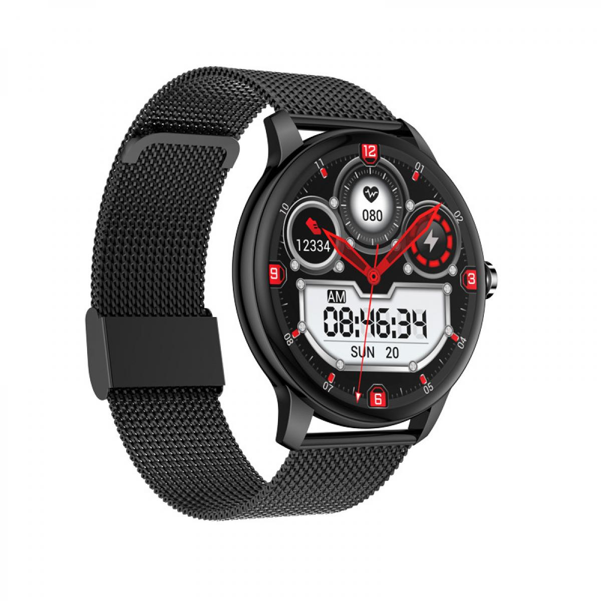 Schwarze Smartwatch mit Metall-Mesh-Armband und digitalem Zifferblatt.
