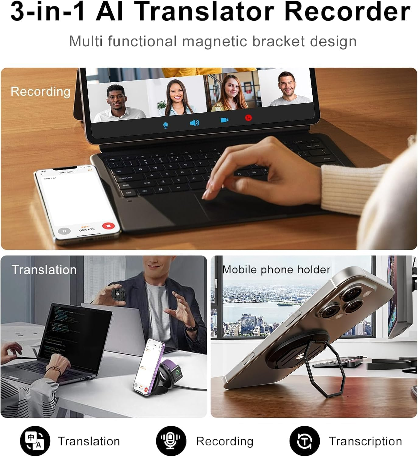 Ein 3-in-1-KI-Übersetzer, Rekorder und Handyhalter mit magnetischer Halterung zeigt Videoanrufe und Gerätenutzung.