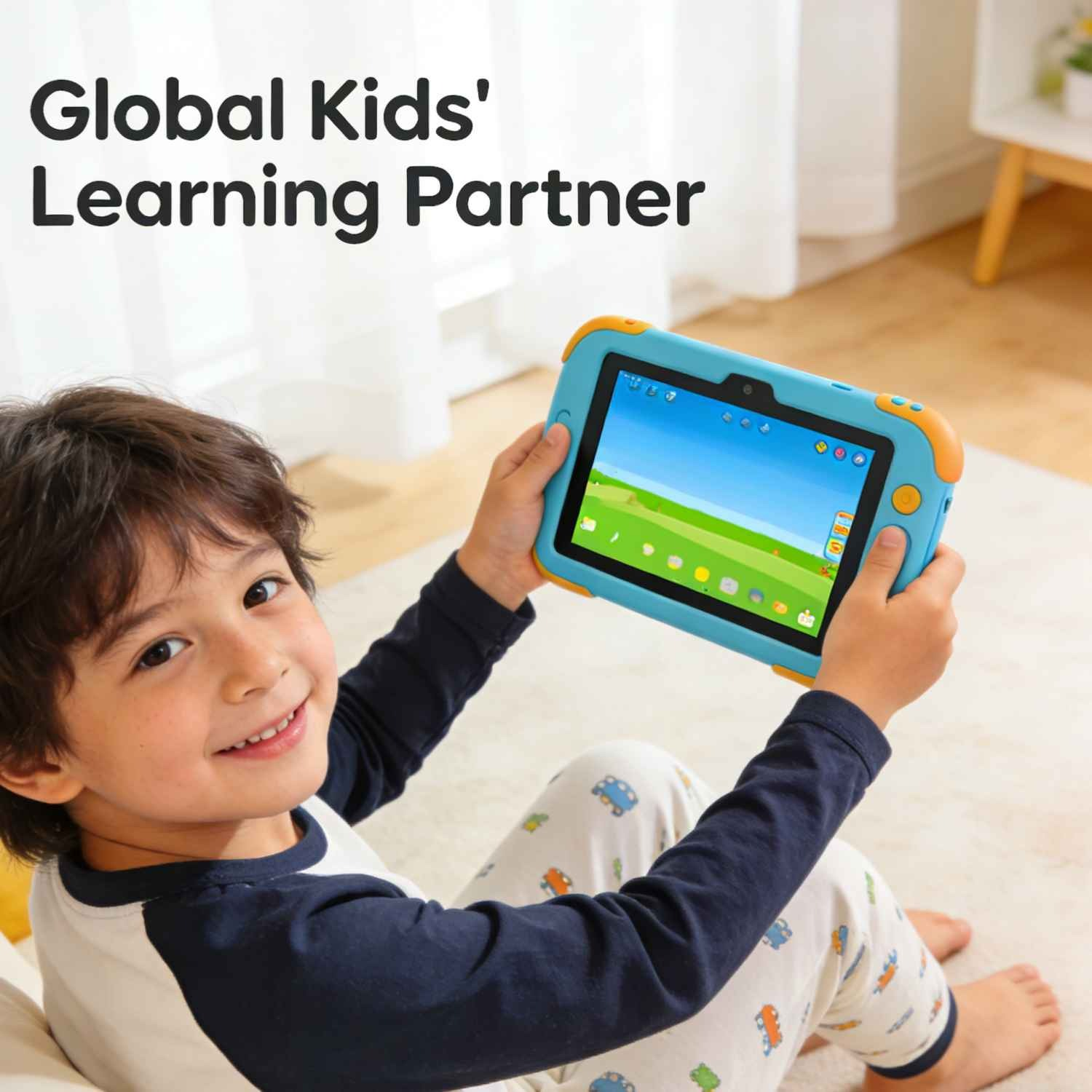 Ein lächelnder Junge sitzt auf dem Boden und hält ein blaues Kinder-Tablet mit gelben Ecken.