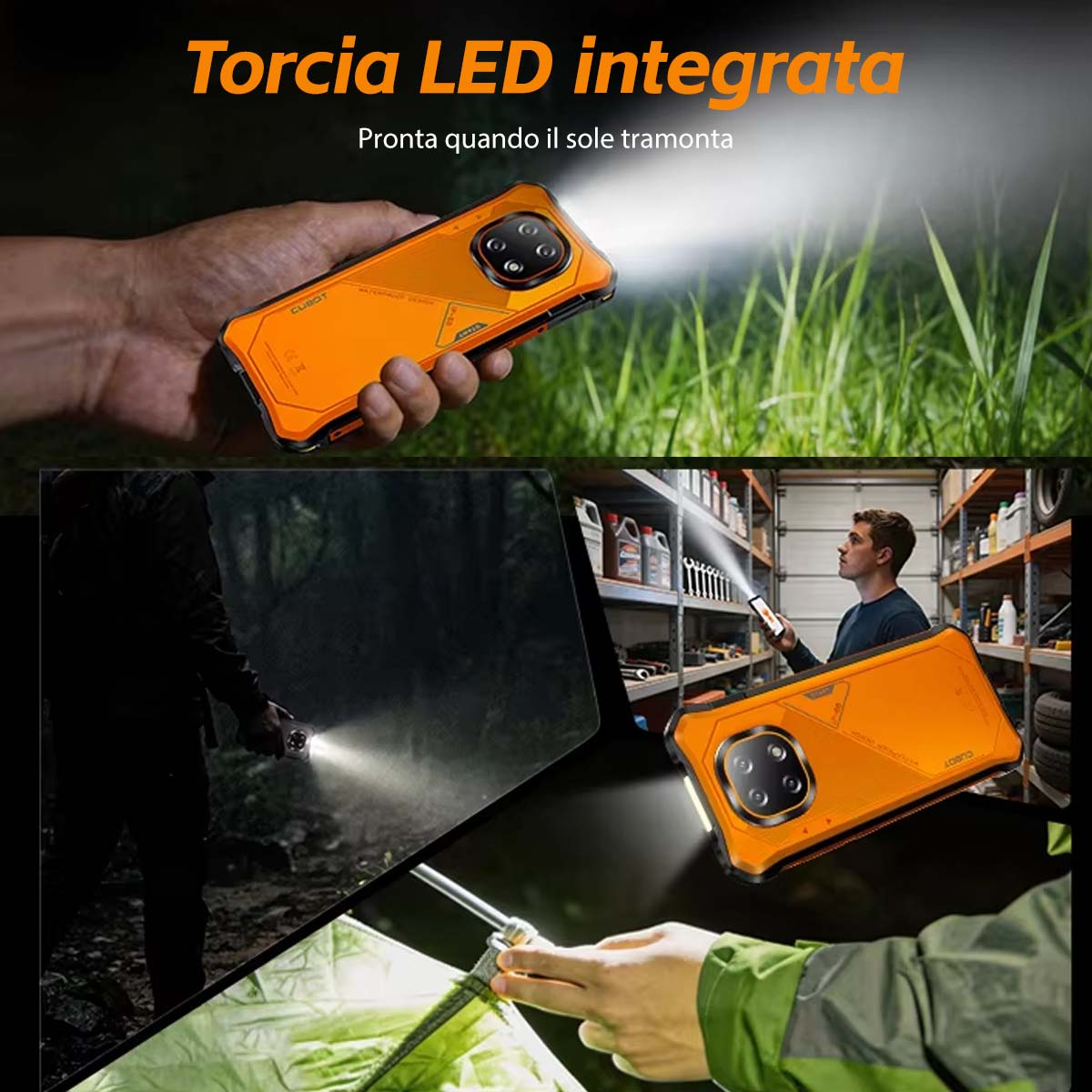 Un teléfono resistente naranja con linterna LED integrada que brilla en exteriores.