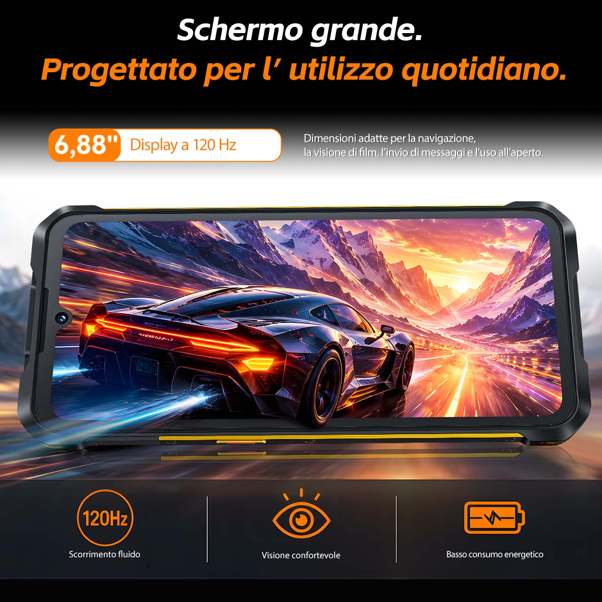 Smartphone resistente con pantalla de 6.88 pulgadas y 120Hz que muestra un coche deportivo.
